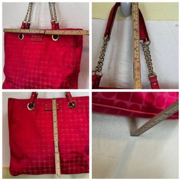 Kate Spade Pink Jacquard Pink Canvas Chain Strap Tote Shoulder Bag Leather Print - Picture 15 of 16